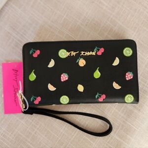 Betsey Johnson Black Embroidered Fruit Toss Wristlet Wallet Women's New